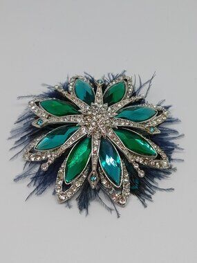 VTG Signed Anne Klein Emerald Teal Rhinestone Feather Starburst Brooch Pin